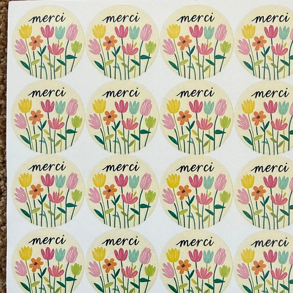 NEW {40 piece} Beautiful merci floral thank you stickers. 2”